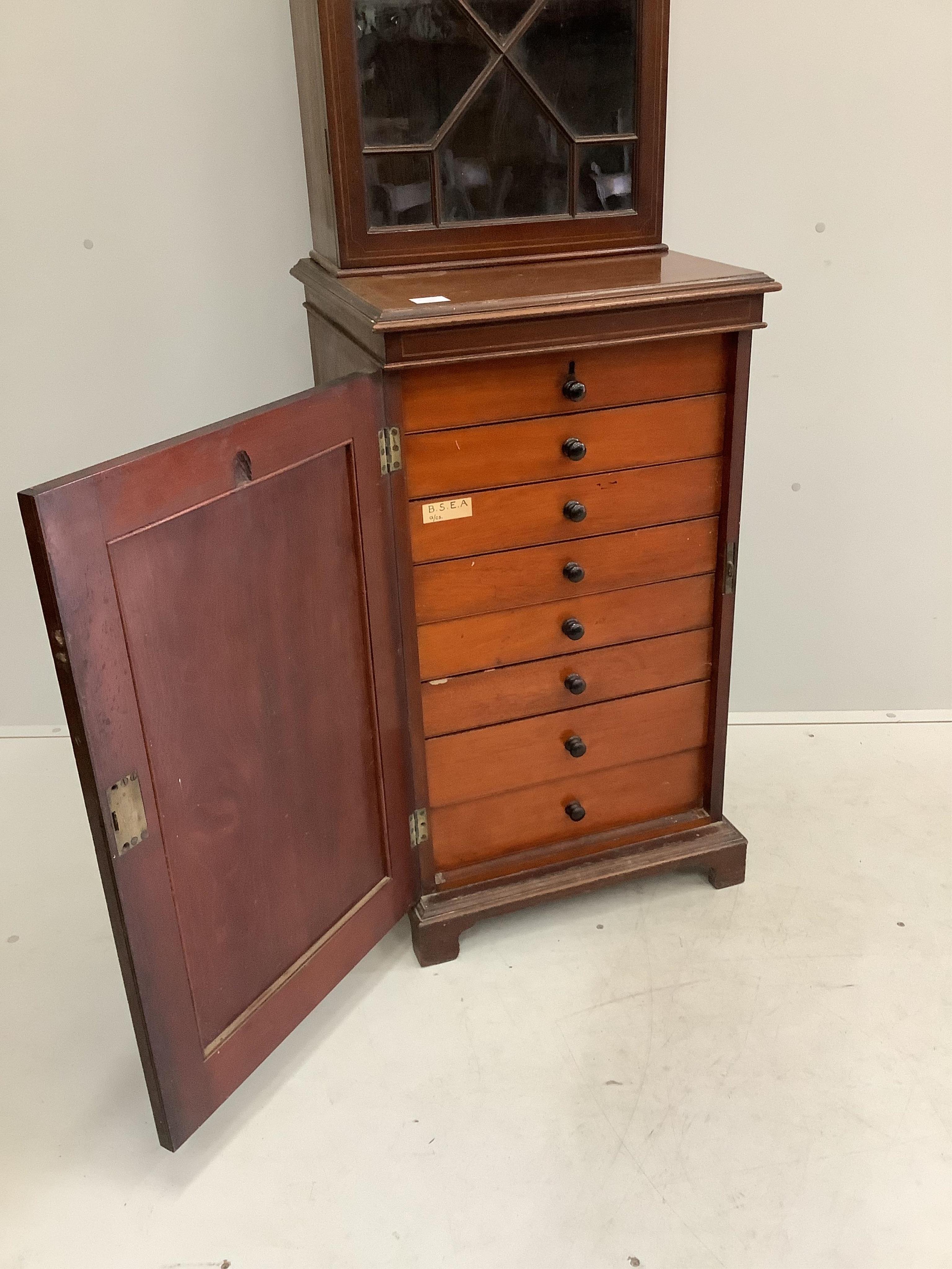 An Edwardian inlaid mahogany bookcase / collector's cabinet of narrow proportions, width 51cm, depth 46cm, height 187cm